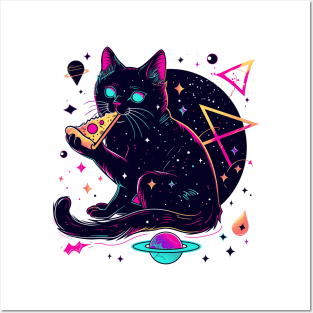 Space Cat with Pizza Posters and Art